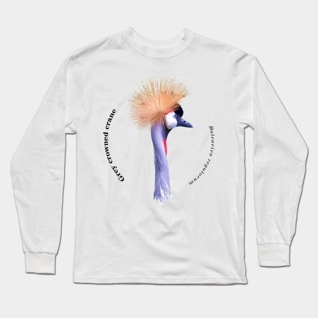Grey crowned crane tropical bird pin black text Long Sleeve T-Shirt by Ornamentum